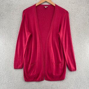 J Jill Sweater Womens Medium Red Open Front Cardigan Pockets Stretch Knit Casual